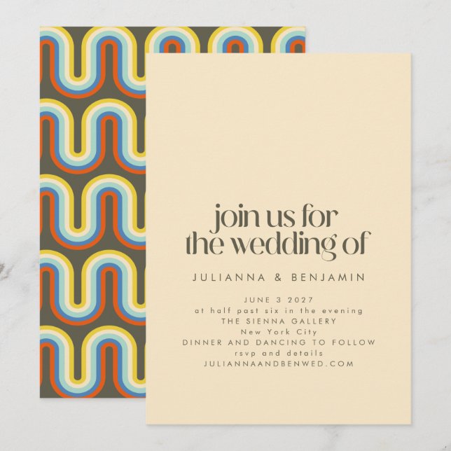 Convites Groovy Retro Mod 70s Casamento de Oliva Estética (Frente/Verso)