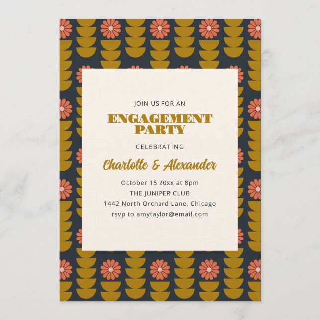 Convites Groovy Retro Navy Blue Botanical Engagement Party  (Frente)