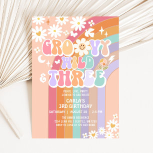 Convites Groovy Selvagem e Três Hippie Retro 3º Aniversário