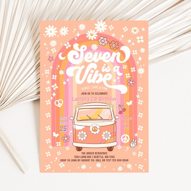 Convites Groovy Seven é um Ônibus Vibe Van de 7º Aniversári (Criador carregado)