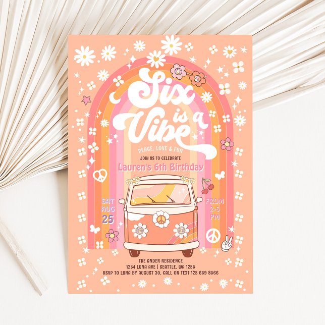 Convites Groovy Six é um Ônibus Vibe Van de 6º Aniversário (Criador carregado)