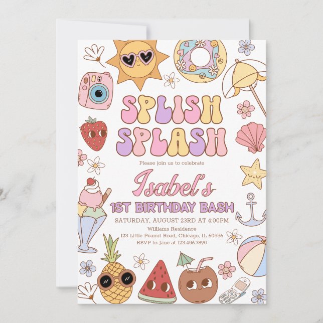 Convites Groovy Splash Beach Bash Birthday (Frente)