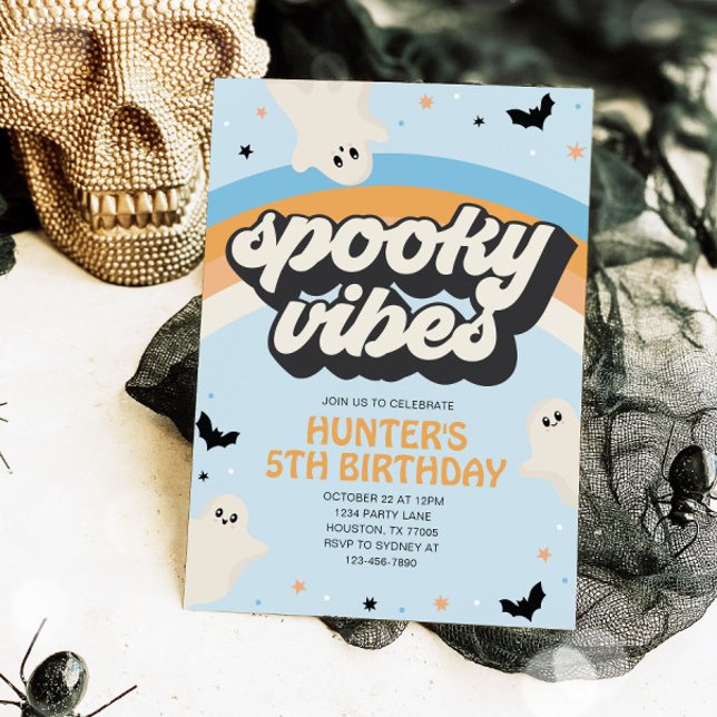 Convites Groovy Spooky Vibes Boy Halloween Aniversário (Criador carregado)
