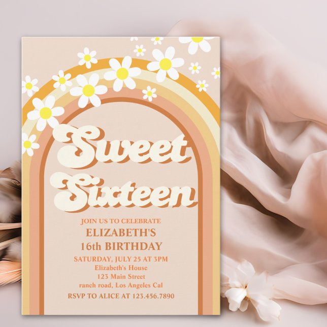Convites Groovy Sweet Sixteen | Retro Rainbow & Daisy Flowe (Criador carregado)
