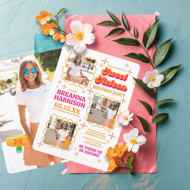 Convites Groovy Typografia Retro 70 Doce Dezesseis (Criador carregado)