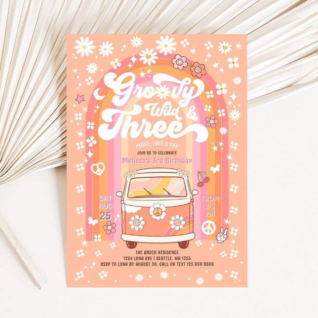 Convites Groovy Wild e Three Van Bus aniversário de 3 anos (Criador carregado)