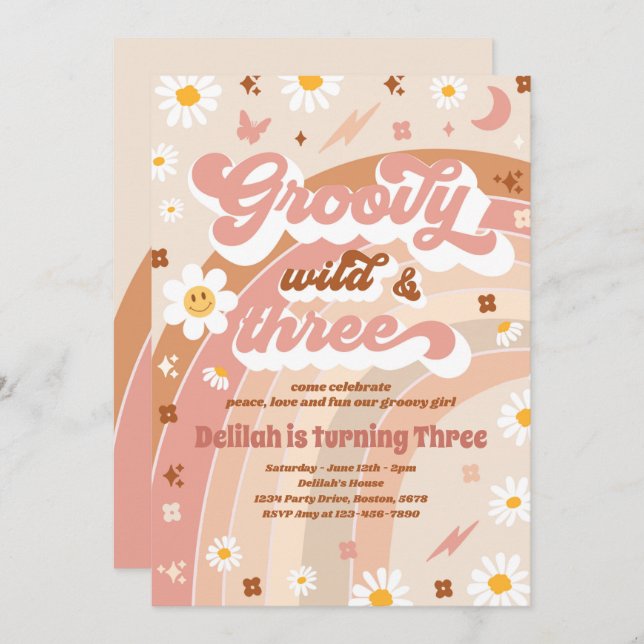 Convites Groovy Wild E Três aniversário de 3 anos Hippie (Frente/Verso)