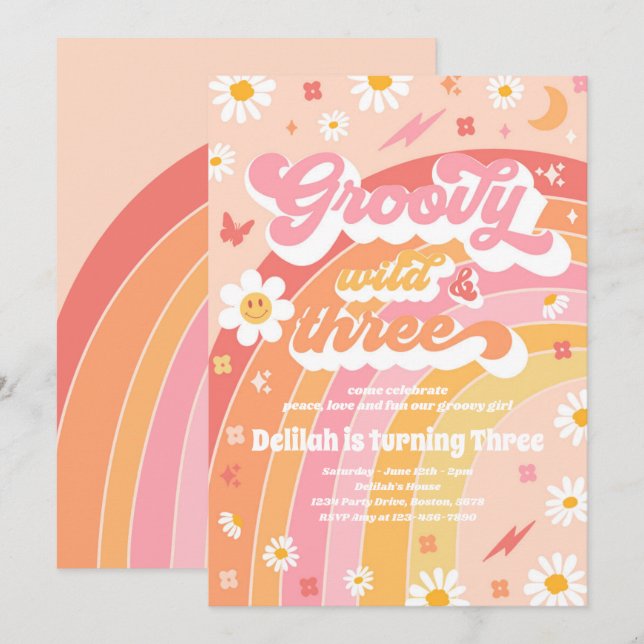 Convites Groovy Wild E Três aniversário de 3 anos Hippie (Frente/Verso)