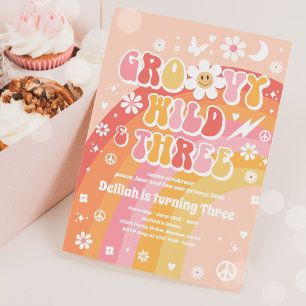 Convites Groovy Wild E Três aniversário de 3 anos Hippie