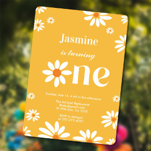 Convites Groovy Yellow Daisy Florals para menina de 1 ano