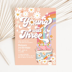 Convites Groovy Young Wild e Three aniversário de 3 anos
