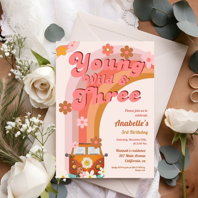 Convites Groovy Young Wild e Três Peach Van Daisy Rosa (Criador carregado)