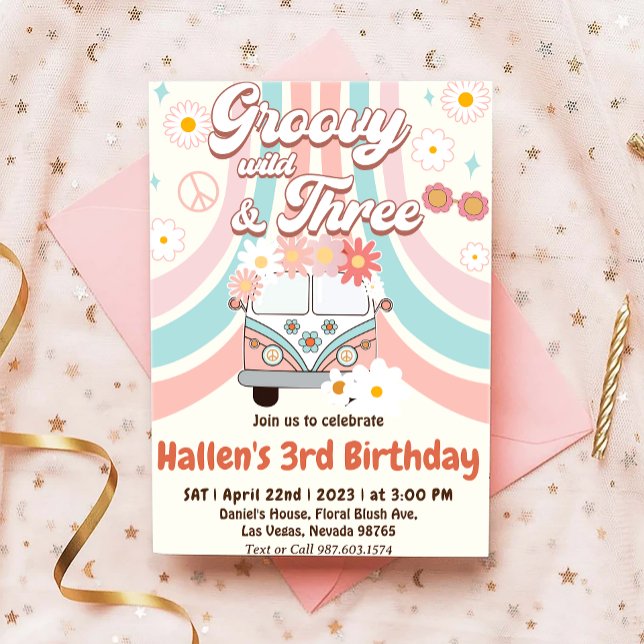 Convites Groovy Young Wild & Three Rainbow aniversário de 3 (Criador carregado)