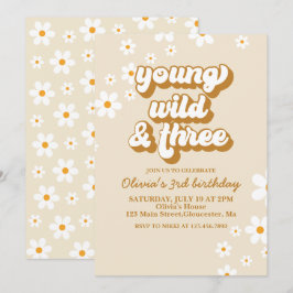 Convites Groovy Young Wild Três Retro Daisy aniversário de 