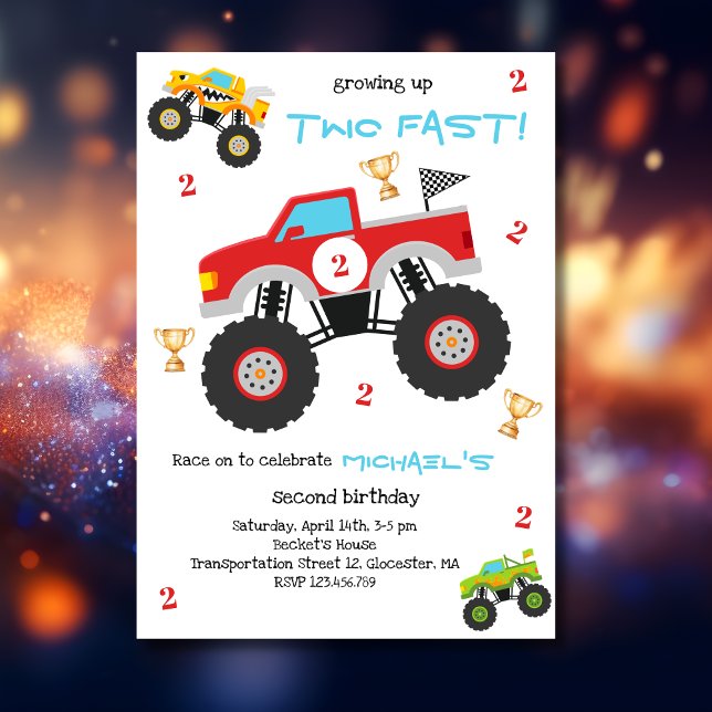 Convites Growing up two fast monster trucks boy birthday (Criador carregado)
