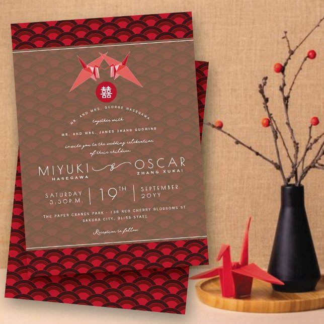 Convites Gruas de papel vermelhas de origami Scallop 囍 Casa (Origami Red Paper Cranes & Scallop Pattern 囍 Asian Chinese Wedding Invitation @ fatfatin_red_knot)