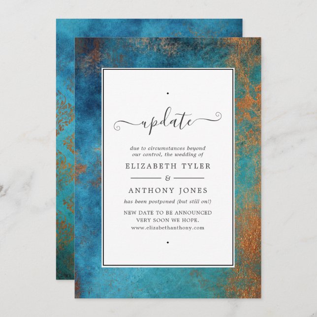 Convites Grunge Copper Patina e Turquoise Wedding Update (Frente/Verso)