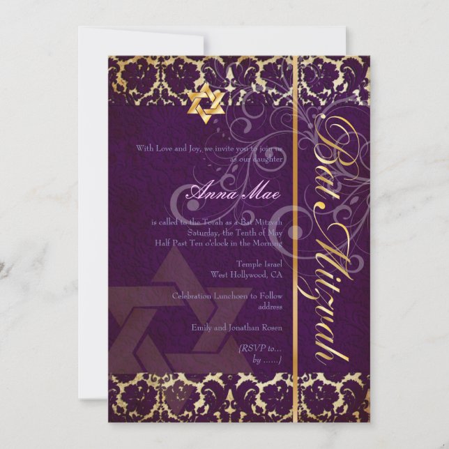 Convites Grunge Damask Bat Mitzvah/ameixa/ouro (Frente)