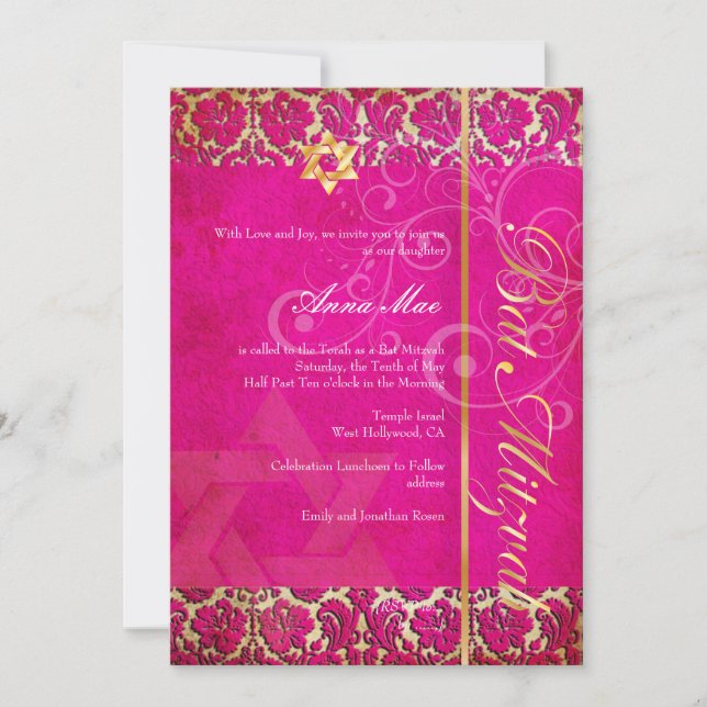Convites Grunge Damask Bat Mitzvah/bagageira (Frente)