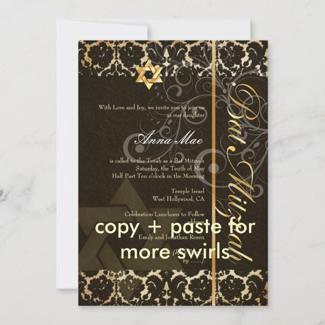 Convites Grunge Damask Bat Mitzvah/black/gold (Frente)