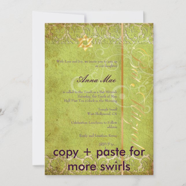 Convites Grunge Damask Bat Mitzvah/green/gold (Frente)