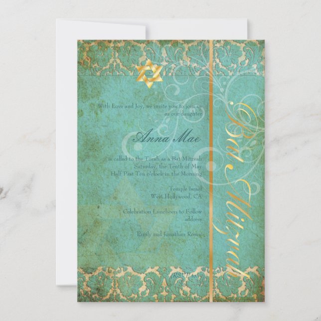 Convites Grunge Damask Bat Mitzvah/teal/ouro (Frente)