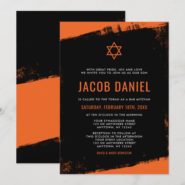 Convites Grunge Orange Bar Mitzvah (Frente/Verso)