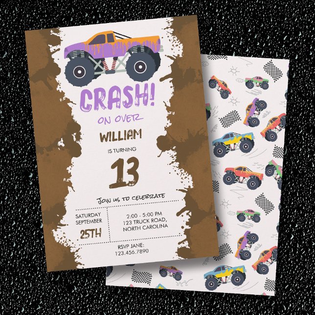 Convites Grupo Colorido de Aniversários de criança de Monst (Colorful Monster Trucks Racing Kids Birthday Party Invitation)