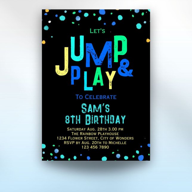 Convites Grupo de Convocação de Aniversário do Trampoline (Trampoline Birthday Invitation Jump Play Party Boys neon birthday party invitation)