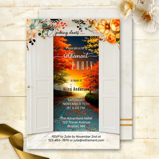Convites Grupo de Reforma de outono de Portas de Abertura (Retirement party invitation featuring an image of opening doors showing a road to a colorful future)