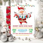 Convites Grupo de troca de Papais noeis Secretos<br><div class="desc">Venha celebrar o Natal com este Papai noel engraçado segurando uma faixa de roupas de meias de Natal. Possui papais noeis bonitinhos embrulhados em luzes de natal e muitas meias! Perfeito para a sua festa de troca de papais noeis secretos. Todos os textos podem ser alterados. Para fazer mais mudanças,...</div>