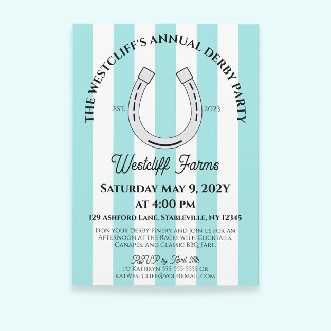 Convites Grupo Derby do Elegante Blue Cabana Stripe Horsfer (Duck Egg Blue Cabana Stripes Horseshoe Derby Horse Racing Party Invitation)