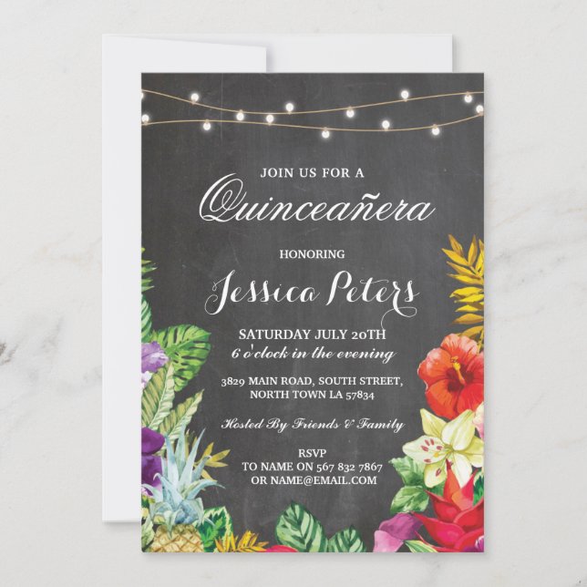 Convites Grupo Quinceanera Aloha Luzes Tropicais Convidam 1 (Frente)