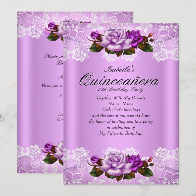Convites Grupo Quinceanera Lilac Rosas Rosa Púrpura Lace (Frente/Verso)