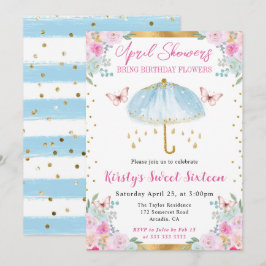 Convites Guarda-chuva de água azul dourado Sweet Sixteen