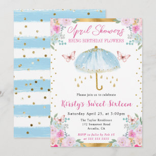 Convites Guarda-chuva de água azul dourado Sweet Sixteen