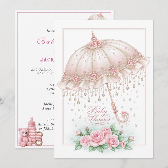 Convites Guarda-chuva de Chuvinha de Bebê Rosas Rosa (Frente/Verso)