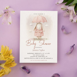 Convites Guarda-chuva de Coelhinho Rosa Menina Aguarela Chá