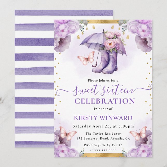 Convites Guarda-chuva de primavera roxo e dourado Sweet 16 (Frente/Verso)