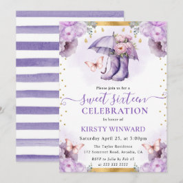 Convites Guarda-chuva de primavera roxo e dourado Sweet 16