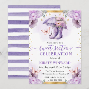 Convites Guarda-chuva de primavera roxo e dourado Sweet 16