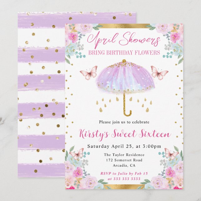 Convites Guarda-chuva de primavera roxo e dourado Sweet Six (Frente/Verso)