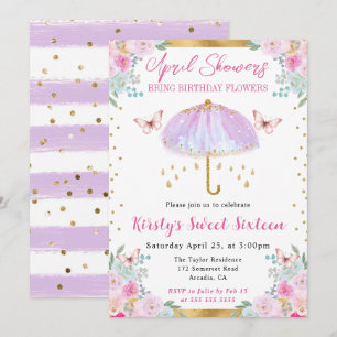 Convites Guarda-chuva de primavera roxo e dourado Sweet Six