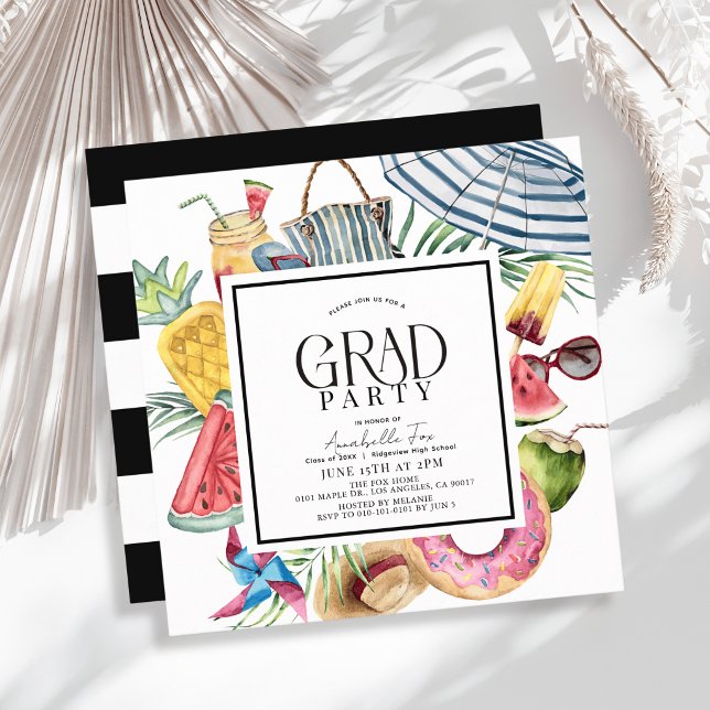 Convites Guarda-chuva de Verão Tropical Donut Preto Graduaç (Criador carregado)