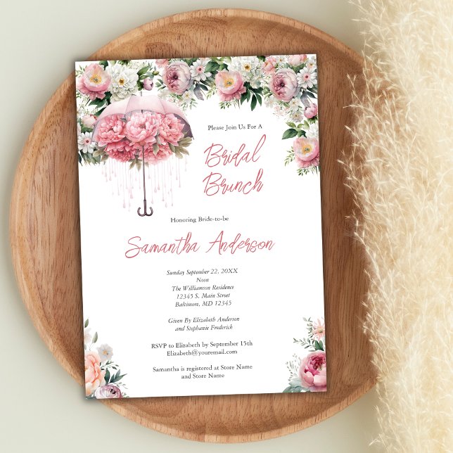 Convites Guarda-chuva Floral Rosa Branco Chá de Noiva Brunc (Pink White Watercolor Floral Umbrella Bridal Brunch Shower Invitation)