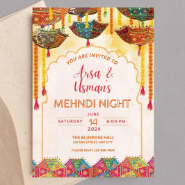 Convites Guarda-chuva Laranja Colorido Editável Mehndi Hald