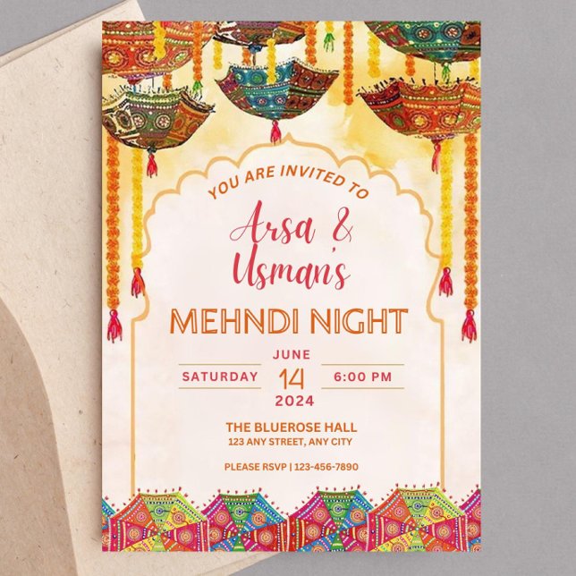 Convites Guarda-chuva laranja colorido editável Mehndi Hald (Criador carregado)