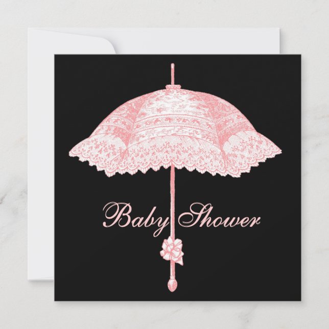 Convites Guarda-chuva Preto Rosa Bebê Menina Chuveiro (Frente)