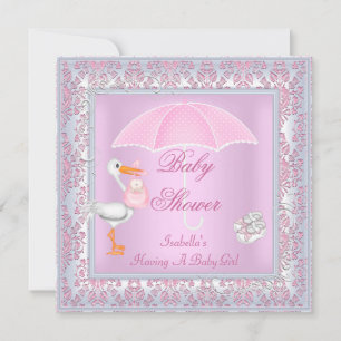 Convites Guarda-chuva Rosa Damask para Chá de Bebê Menina