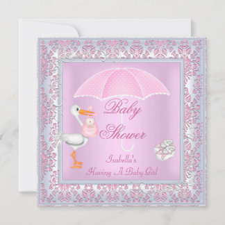 Convites Guarda-chuva Rosa Damask para Chá de Bebê Menina